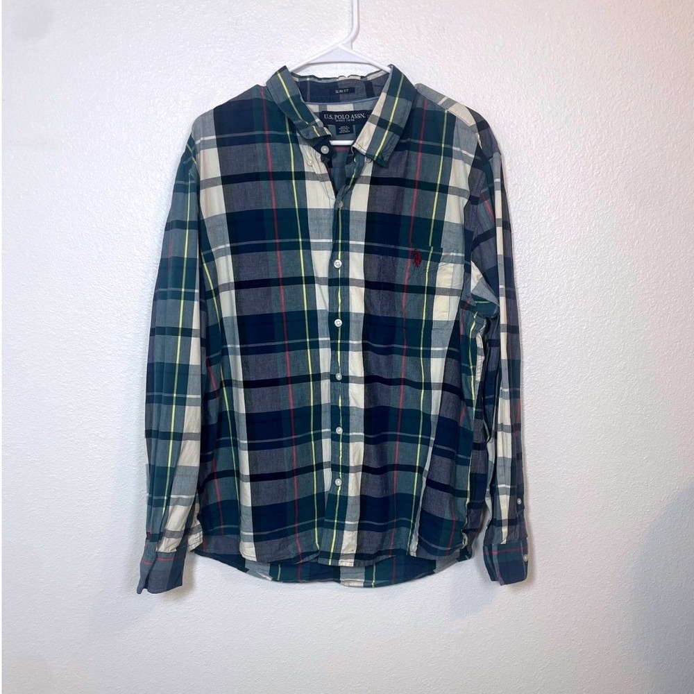 US Polo‎ Assn Mens Slim Fit Plaid Long Sleeve Button Down Shirt XXL